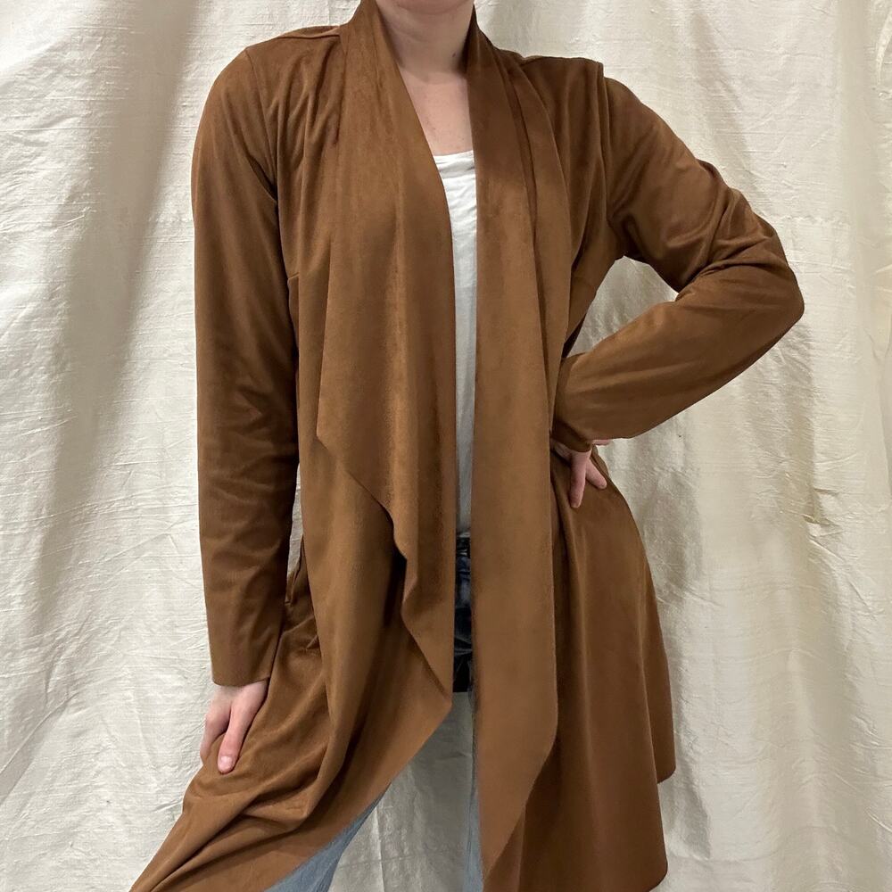 Soft Surroundings Tan Shape Drape Western Retro Boho Faux Suede Cardigan Size XS
